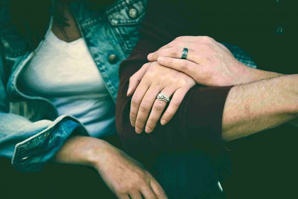 Photo of heterosexual couple's hands with weddingbands
