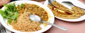 Typical Costa Rica all day fare: rice, beans, stew, fresh grilled cheese, and thick bread
