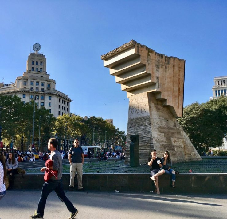 The Plaça de Catalunya (Catalonia Square) was the first of the gorgeous sites we enjoyed over the next few days. Barcelona is part of the larger community of Catalonia. At the square, an unfinished upside-down staircase towers over Catalunya’s first president, Francesc Maciá, representing Catalonia’s ongoing history. The monument was designed by artist Josep Maria Surbirachs.