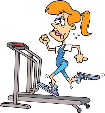 cartoon of woman sweating on a treadmill