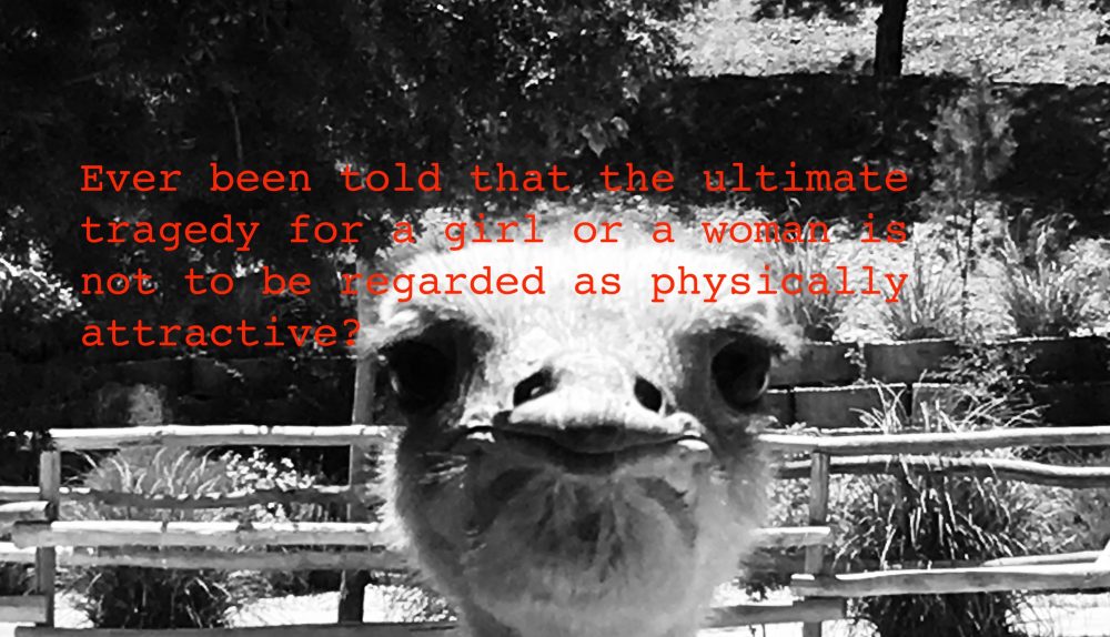 Photo of ostrich with caption: Ever been told that the ultimate tragedy (and crime) for a girl or a woman is not to be regarded as physically attractive?