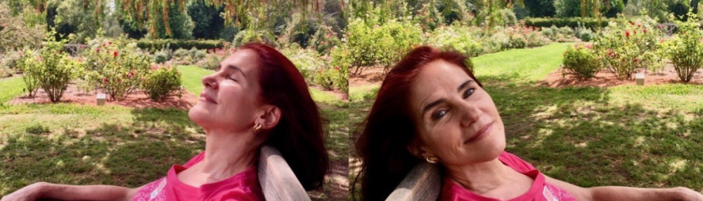 da-AL at The Huntington, sitting on a bench in rose garden