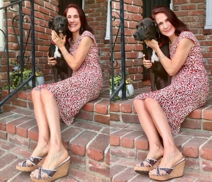 2 full body photos of da-AL with her labrador pit bull mix dog on brick porch steps