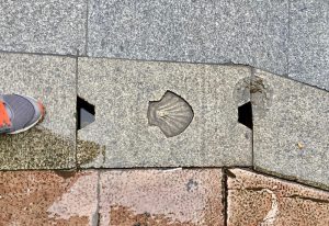 Seashells mark the religious pilgrimage route El Camino de Santiago.