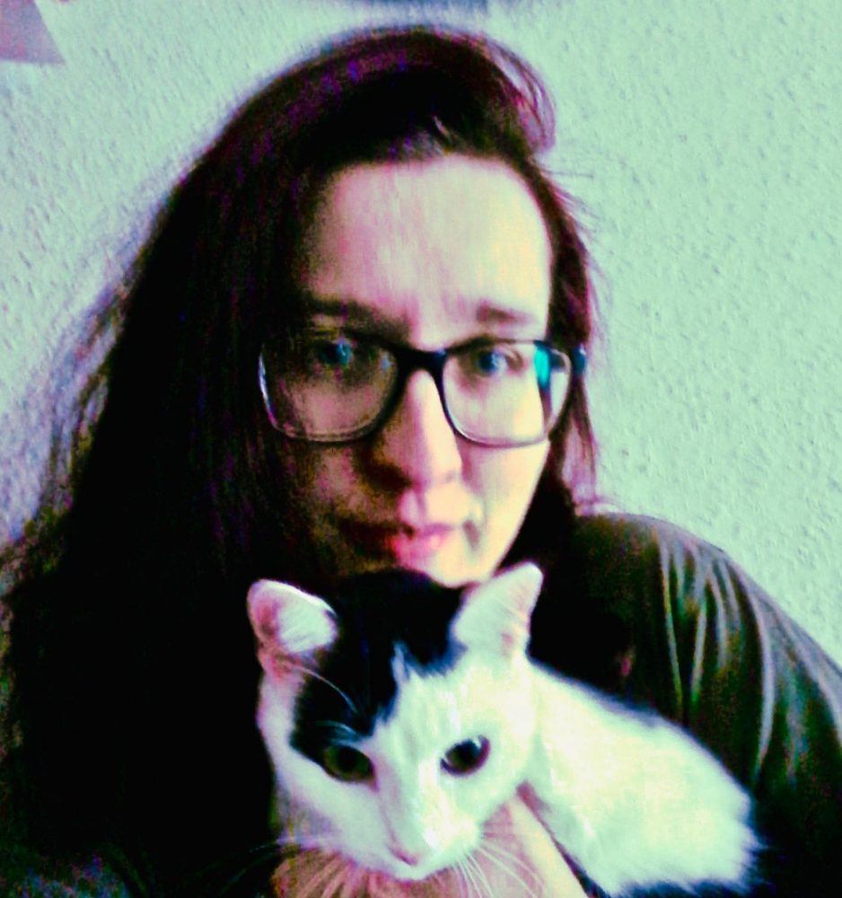 Author/blogger Rhiannon Brunner with her cat, Carry (big sister of kitten Maze).