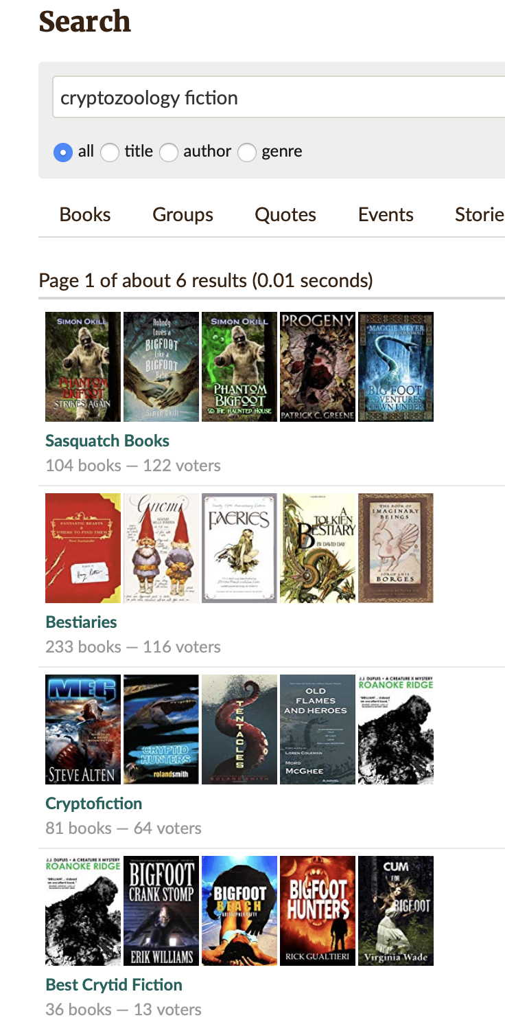 Screenshot of book covers for several cryptozoology fiction lists on Goodreads Listopia