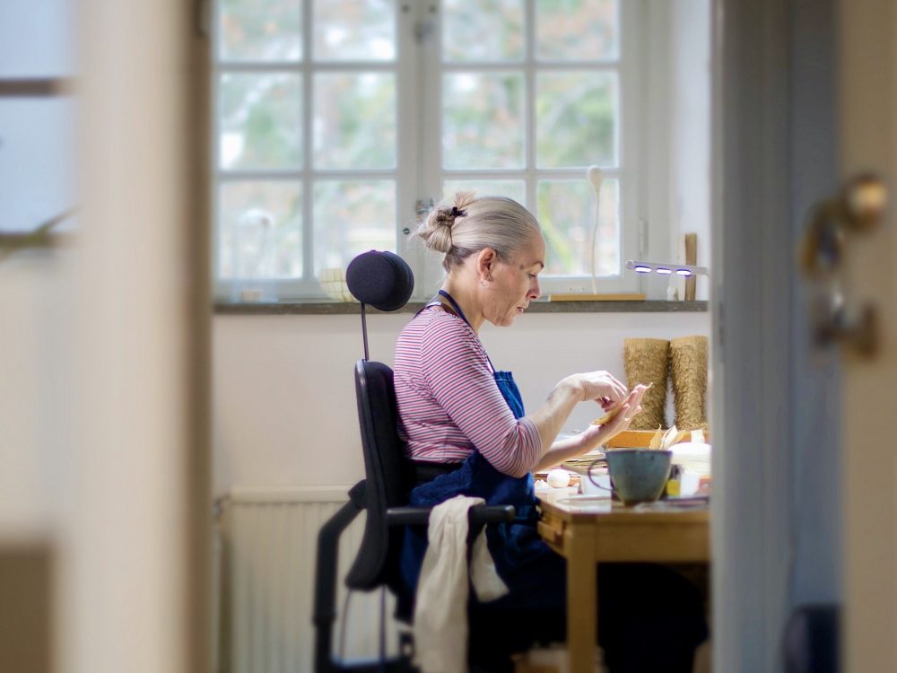 Cecilia Levy, artist, working in her studio, Ateljéföreningen Hospitalet in Uppsala, 2019. Photographer: Stewen Quigley.