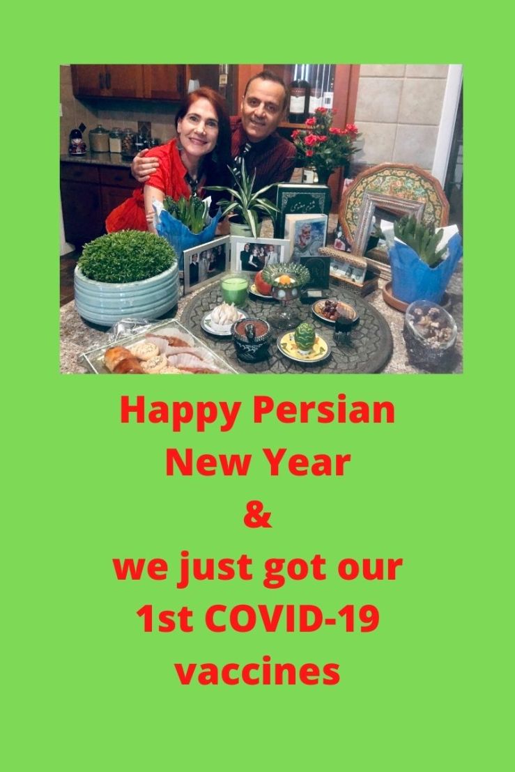 Khashayar and da-AL standing before their Happy Persian New Year arrangement.