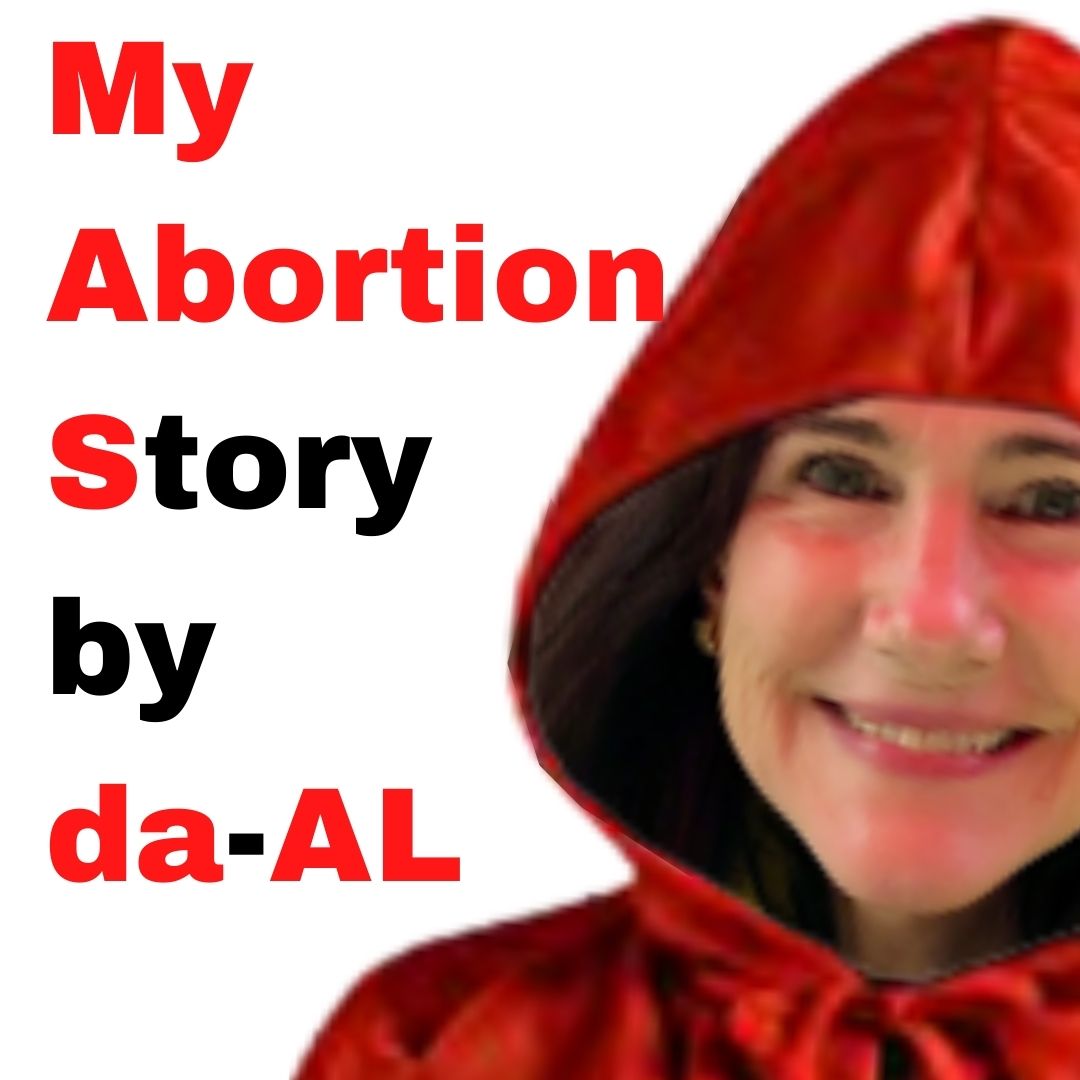 This post's title over photo of da-AL wearing hooded red cape in the style of Margaret Atwood's The Handmaid's Tale.