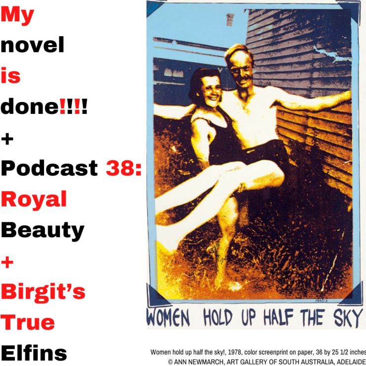 This post's title over artist Ann Newmarch's poster of a woman carrying a man. Under it is written, "Women hold up half the sky."