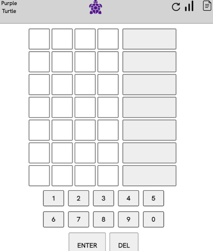 A screenshot of PurpleTurtle.app numbers game before one begins to play.