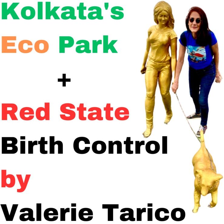 Cutout photo of da-AL next to golden statues of a woman walking a small dog at Kolkata's Eco Park.