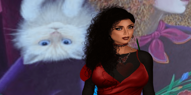Digital artwork of Karima Hoisan, black haired and tan skinned. Behind her, to her right is an upside down fluffy white cat.