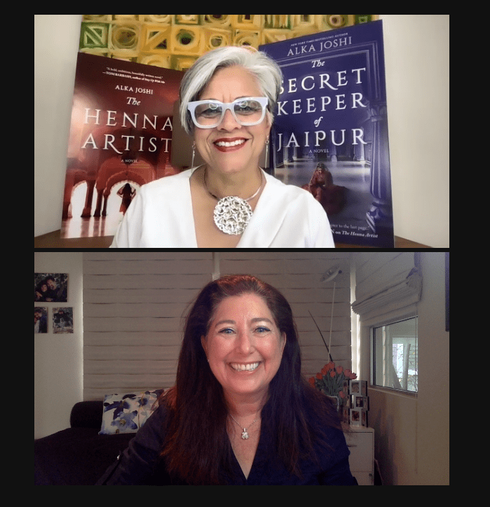 Photo of travel journalist Lisa Niver interviewing novelist Alka Joshi.