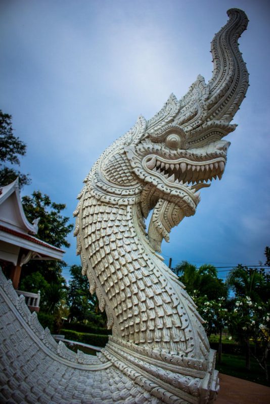 Photo of a gray dragon in front of a Chinese building