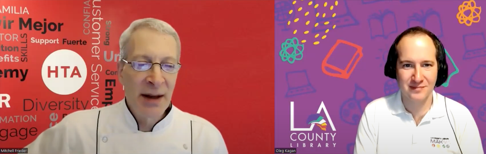 Video freeze frame from Los Angeles Library's Work Ready: Careers in Hospitality, (left) Chef Mitchell Frieder, who teaches at the Hospitality Training Academy (HTA), and (right) community engagement coordinator Oleg Kagan.