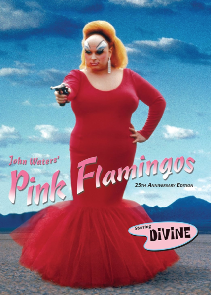 DVD cover art for Pink Flamingos with Devine, the star, posing in a sllinky red dress and pointing a gun.