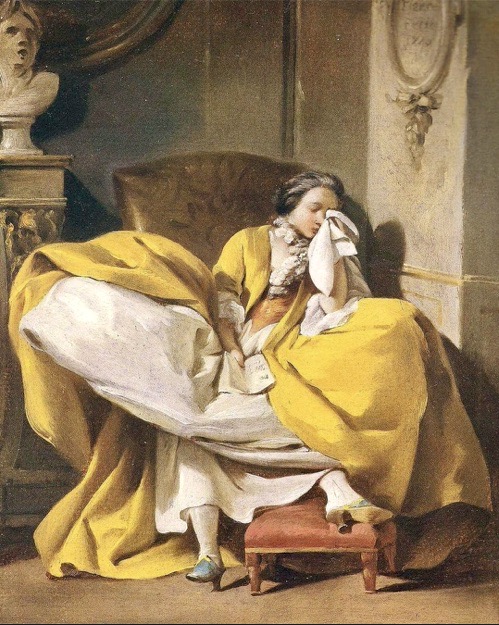 Painting of woman in yellow dress sitting and dabbing her face with a handkerchief.