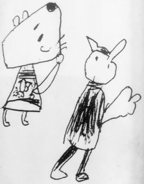 Line drawing by da-AL at around age six, depicting to standing people with bunny ears.
