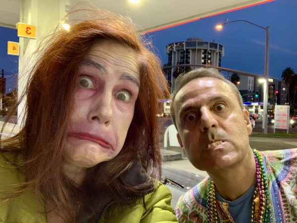 da-AL and Khashayar in silly makeup and costumes making scary faces at the camera.