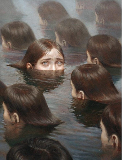 Painting of one woman swimming in opposite direction of many other swimmers, all of them are her, by Miles Johnston.