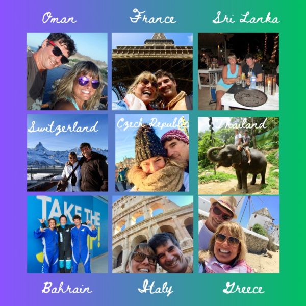 Collage of travel photos with Joyful Stephanie and her husband.