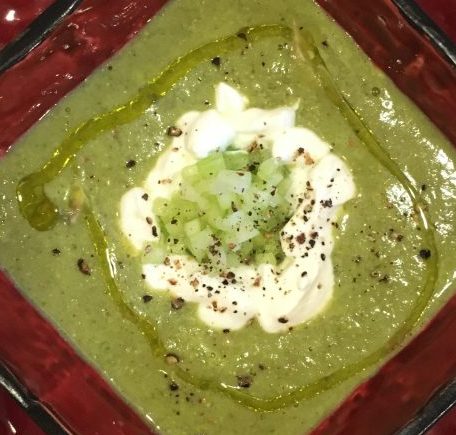 Close up of oil drizzed into California Cucumber Avocado Soup by Khashayar Parsi.