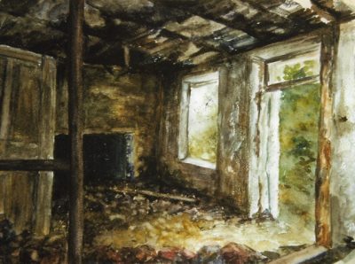 For her painting called Memories, Sara Allwright explores a deserted home with an open doorframe.