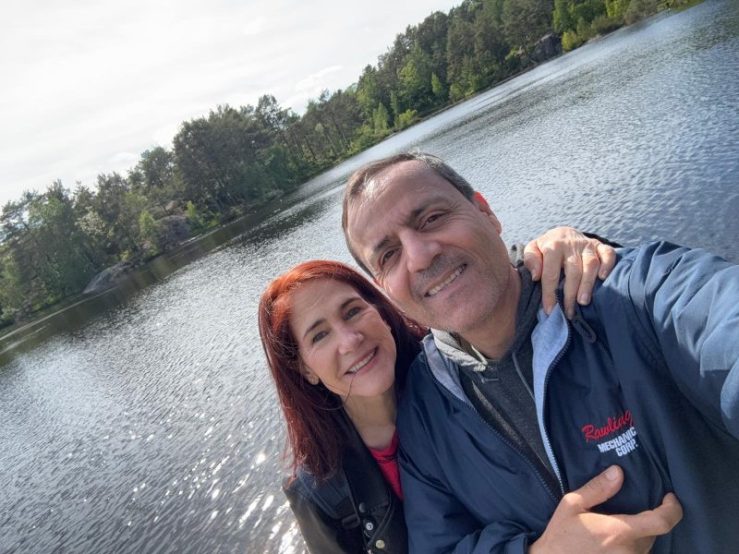 da-AL and Khashayar in front of the lake at Ravnedalen Park, Kristiansand, Norway.