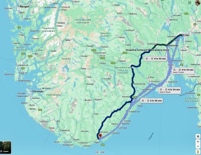 Map of our bus route from Oslo, Norway, to Kristiansand.