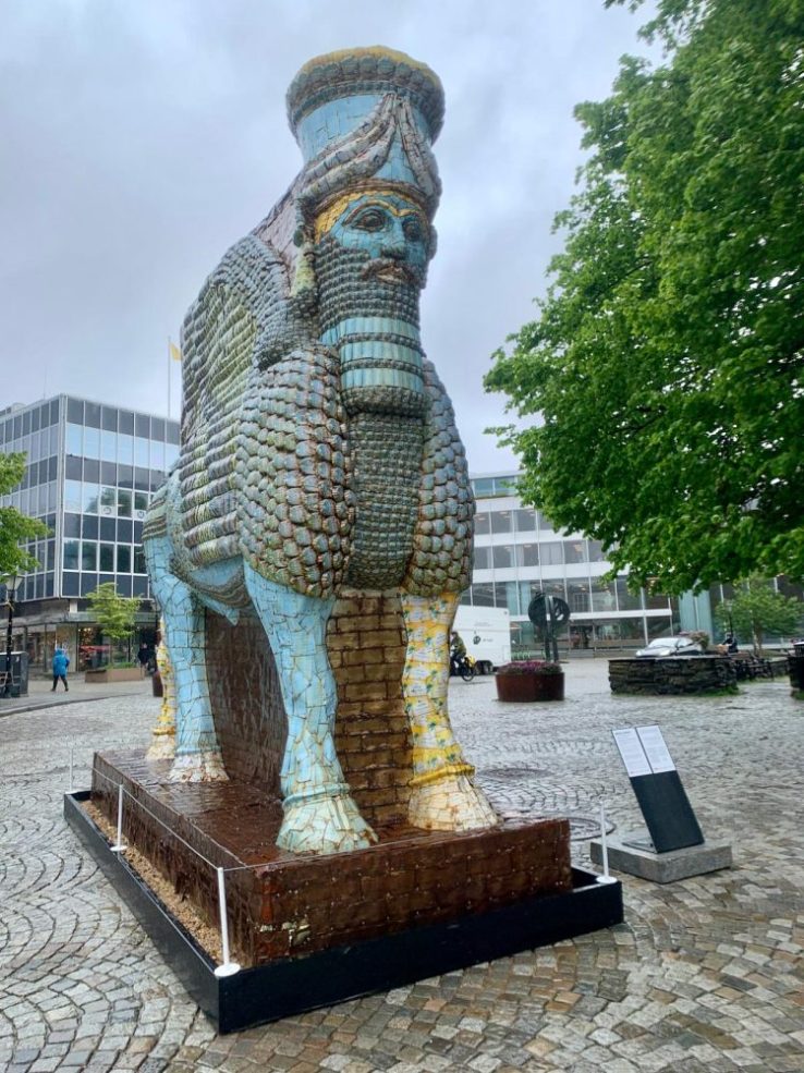 Sculpture of a guardian figure from an ancient Assyrian temple, by Iraqi-American artist Michael Rakowitz