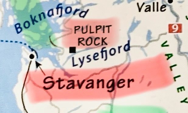 Norway map with Stavanger and Pulpit Rock highlighted.