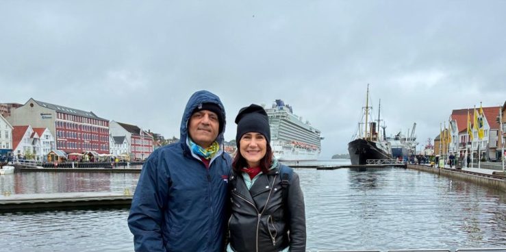 Khashayar and da-AL before a huge cruise ship docked in Stavanger, Norway.