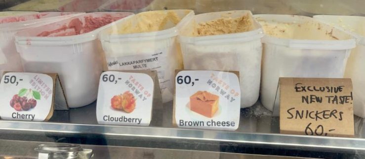 Photo of various flavored ice creams for sale in Bergen, Norway.