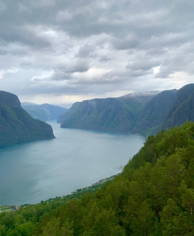 View from Stegastein Viewpoin onto beautiful water and mountain scene.
