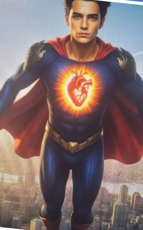 AI cartoon image of a flying Superman type of caped superhero with a glowing anatomical heart in his chest.