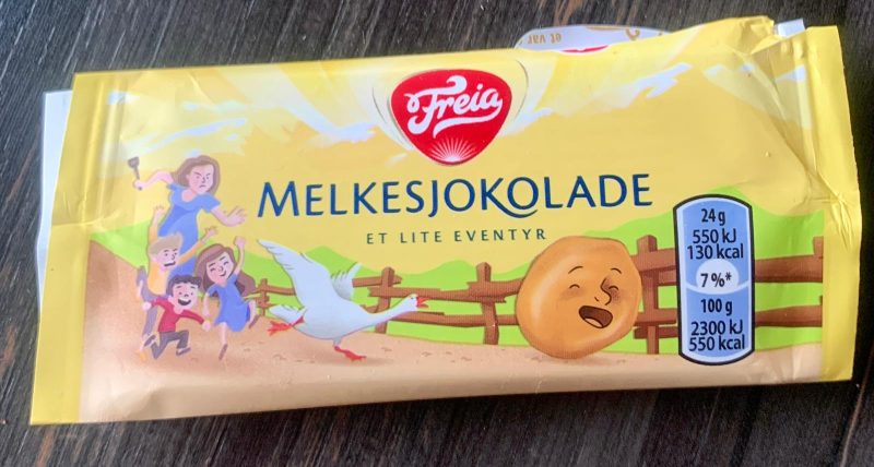 Photo of the wrapper from a Freida brand chocolate bar.