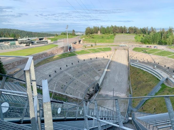 Photo looking down from the Holmenkollen Ski Jump in Oslo, Noway.